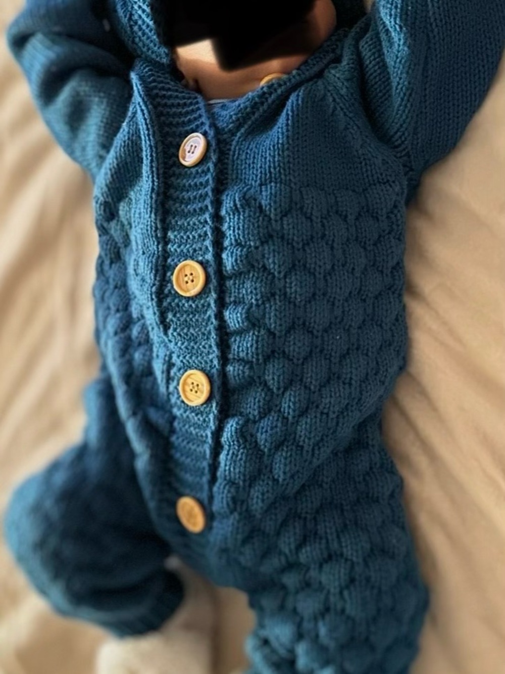Handknit Teal Baby Romper with Wooden Buttons